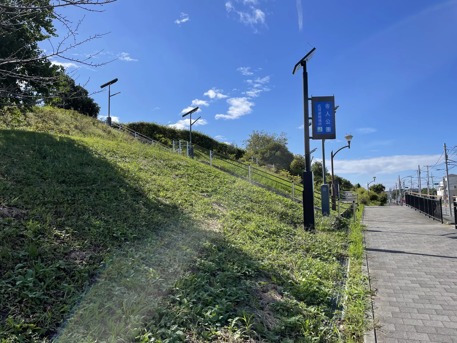 Path beside a grassy slope and a blue Toneri Park sign reading wide-area evacuation site.