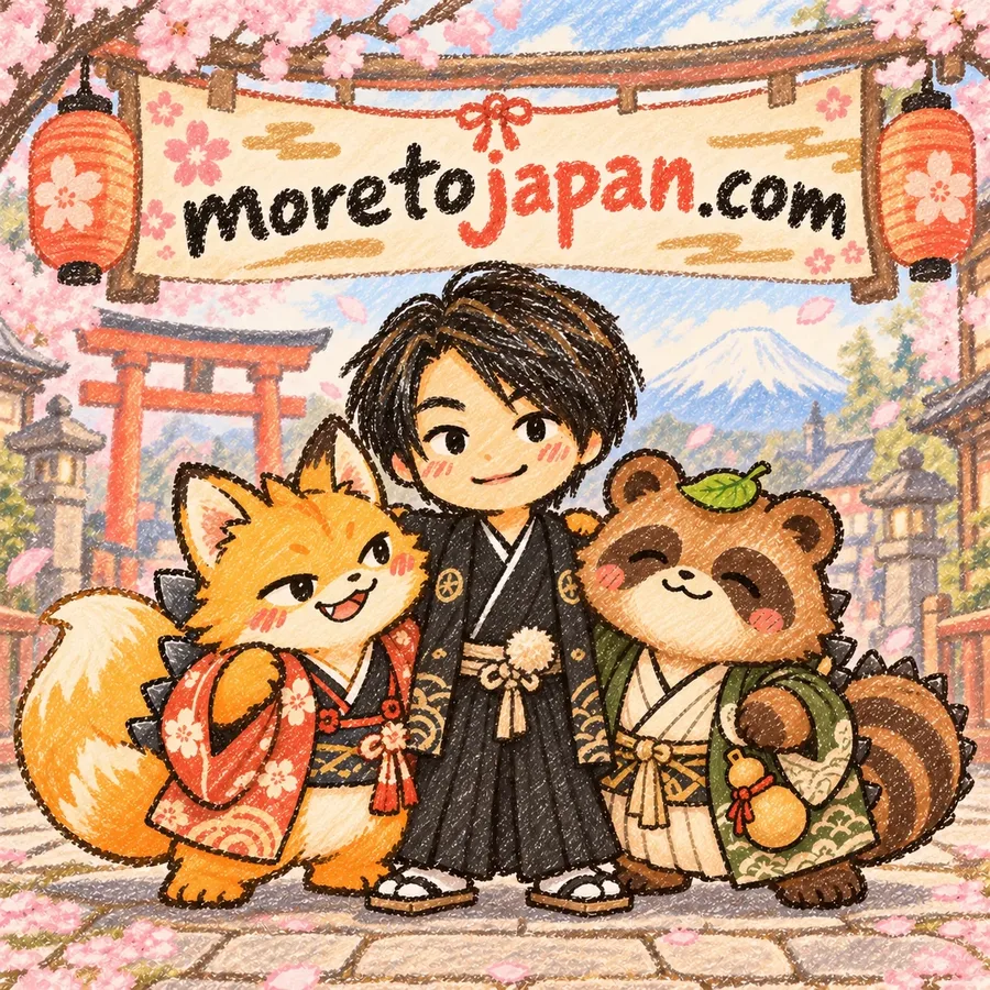 Eisaku in a black kimono, arm in arm with a fox and a tanuki under a moretojapan.com banner